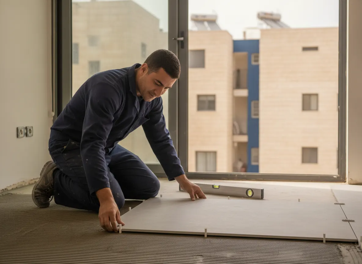רצף מניח אריחי פורצלן גדולים בדירה ישראלית