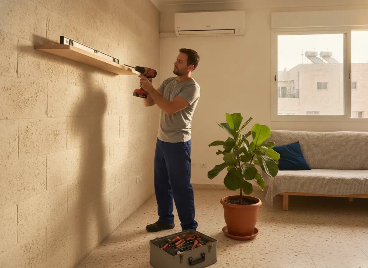 הנדימן מקדח ותולה מדף בסלון ישראלי