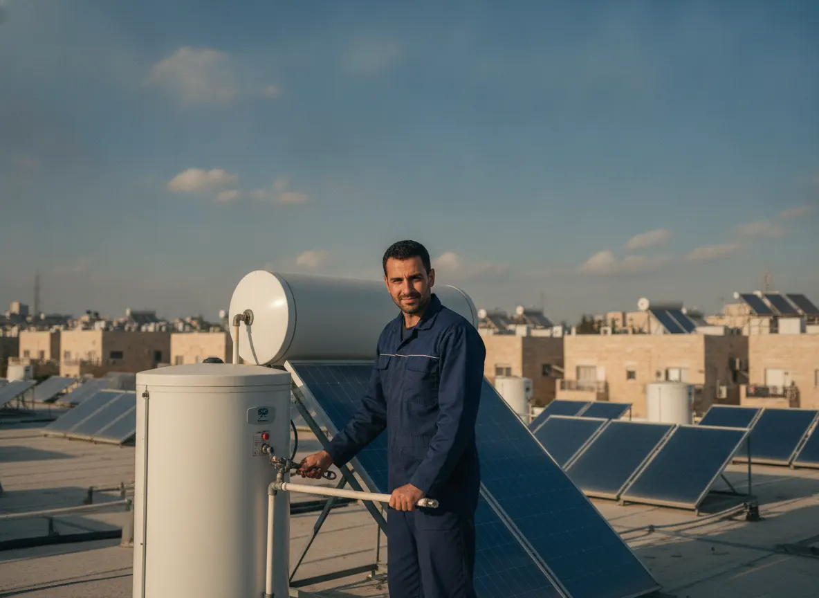טכנאי מתקן דוד שמש על גג בניין ישראלי