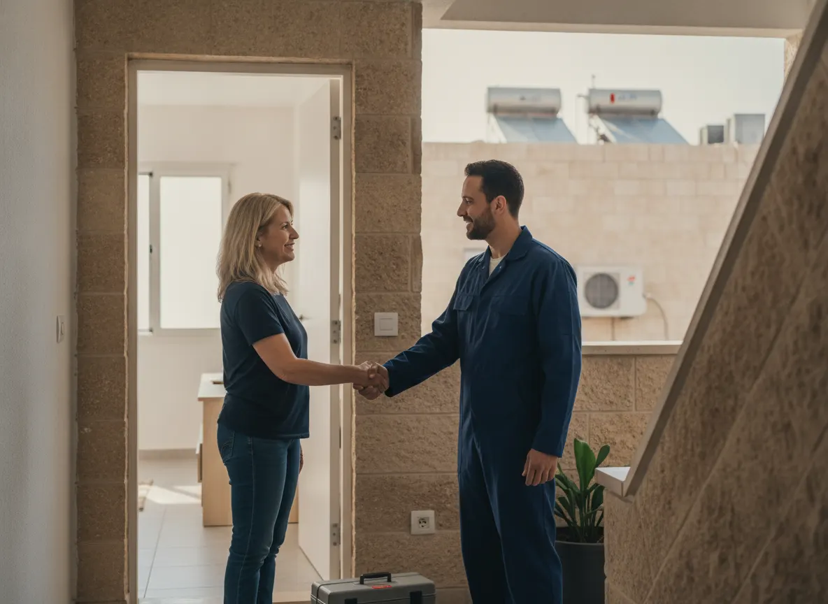 בעל מקצוע לוחץ יד ללקוחה מרוצה בפתח דירה