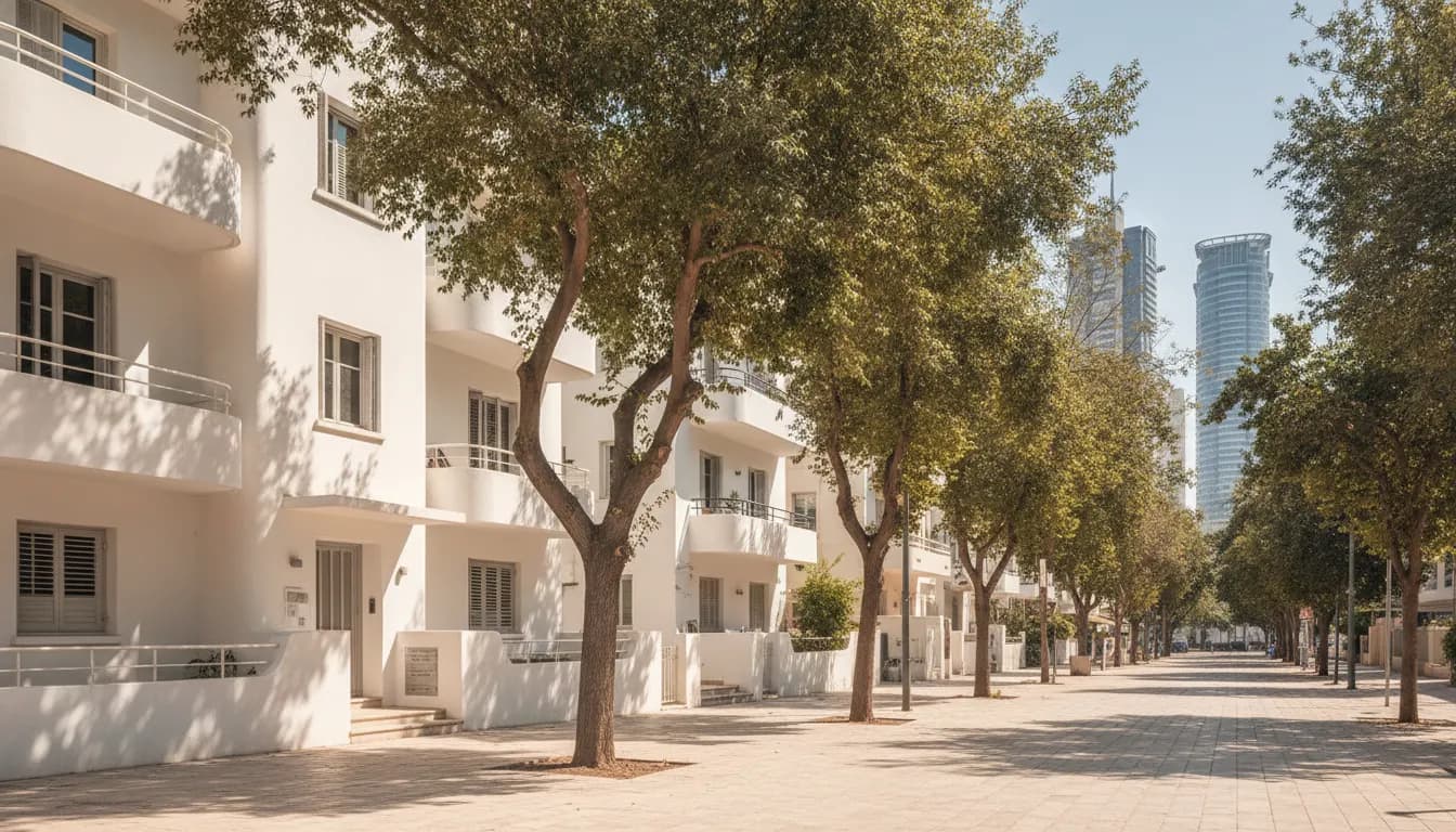 רחוב מגורים תל אביבי עם בנייני באוהאוס ומרפסות